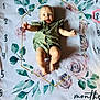 baby, infant, smiling, green_romper, milestone_blanket, floral_pattern, months_marker, happy, cute, child, portrait, lying_down, reaching_out, skin, head, arms, legs, feet, background, indoor