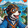 Idunn a rejoint le concours — aidez-le/la à gagner de superbes lots ! dog, illustration, digital_art, parachute, skydiving, goggles, helmet, adventure, tropical_island, ocean, mountains, blue_sky, clouds, harness, smiling, selfie, colorful, cartoon, animal, outdoor