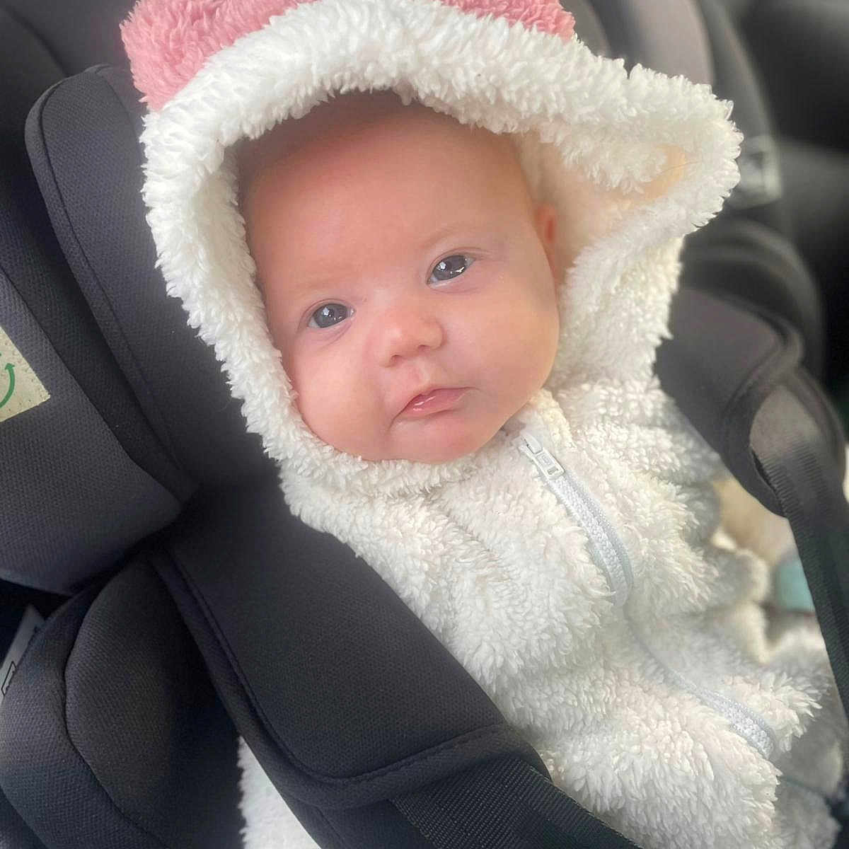 Mali-Rae is registered to the contest to win money with this photo: baby, babywear, car_seat, child, closeup, clothing, cute, eyes, face, hood, indoor, infant, newborn, person, pink_detail, portrait, seat_belt, soft_texture, warm_clothing, white_jacket
