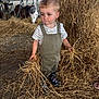 child, kid, barn, hay, straw, goat, animal, boots, overalls, striped_shirt, farm, fence, curious, standing, indoor, rural, young_child, playing, nature, livestock