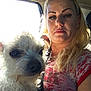 Mousey joined the competition — help win amazing prizes! woman, dog, car, seatbelt, blonde_hair, curly_fur, window, sunlight, portrait, casual_clothing, indoor, pet, animal, face, eyes, nose, ear, seat, human, expression