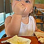 toddler, child, blue_eyes, messy, white_tank_top, indoor, restaurant, table, food_container, sauce, hand, face, messy_face, high_chair, cute, eating, light, chair, background, expression