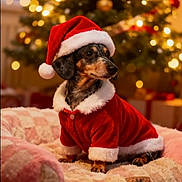 Ellie joined the competition — help win amazing prizes! dog, dachshund, pet_bed, christmas_tree, holiday, santa_hat, santa_suit, festive, indoor, lights, decorations, cozy, fur, canine, animal, christmas_decor, soft_lighting, holiday_season, cute, warm
