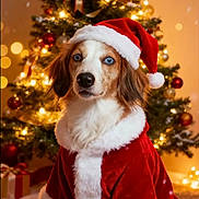 Sophie joined the competition — help win amazing prizes! dog, christmas_tree, holiday, santa_hat, santa_claus_outfit, festive, decorations, lights, ornaments, gift_boxes, carpet, indoors, cute, pet, blue_eyes, fur, celebration, winter, costume, seasonal