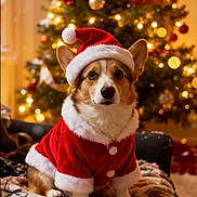 Olivia is registered to the contest to win money with this photo: dog, corgi, christmas_tree, santa_hat, santa_costume, holiday, festive, decorations, lights, blanket, indoor, pet, cute, animal, cozy, warm_lighting, seasonal, celebration, portrait, christmas