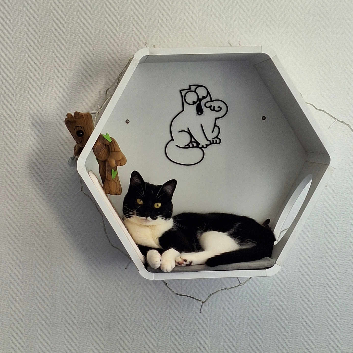 Tokyo a rejoint le concours — aidez-le/la à gagner de superbes lots ! animal, black_and_white, cartoon_cat, cat, cozy, cushions, cute, decor, figurines, furniture, groot, hexagonal_shelf, home, indoor, modern, pet, relaxed, resting, sitting, wall_decor
