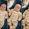 baby, child, infant, plush_toy, blanket, beige_clothing, socks, portrait, triptych, smiling, curious, indoors, cozy, soft_toys, cute, young_child, seated, comfortable, natural_light, expression
