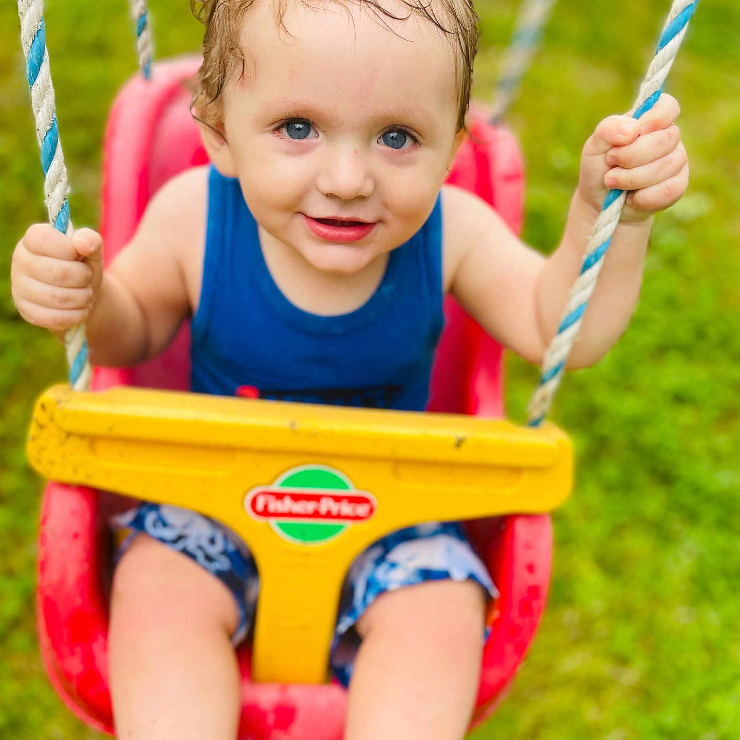 Beau is registered to the contest to win money with this photo: baby, face, grass, happy, head, lawn, nature, outdoorplayarea, outdoors, park, person, photography, plant, playarea, portrait, sitting, smile, summer, swing, toy