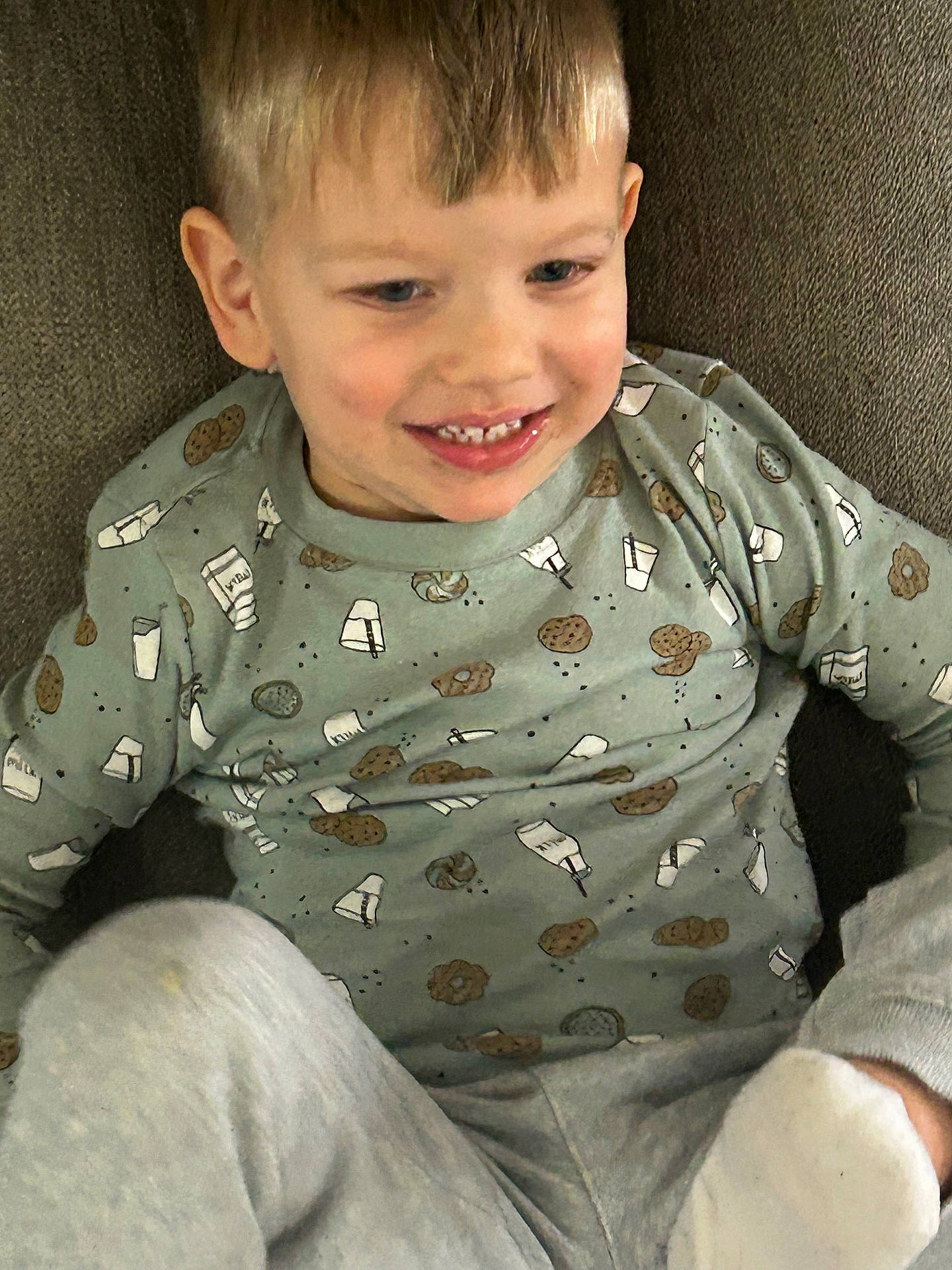 Brayden joined the competition — help win amazing prizes! boy, casual, child, clothing, cookies, couch, cozy, cute, fabric, happy, indoor, milk, person, playful, portrait, relaxed, shirt, sitting, smiling, young