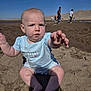 baby, child, sand, outdoor, sky, people, blue_shirt, shorts, reaching_hand, sunny, daylight, expression, beach, dirt, legs, feet, portrait, infant, curious, casual_clothing