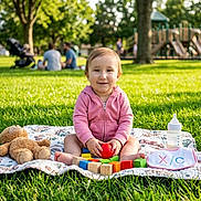 Lexy is registered to the contest to win money with this photo: toddler, child, baby, park, outdoor, picnic_blanket, grass, playground, teddy_bear, toy_blocks, red_toy, baby_bottle, pink_hoodie, sitting, smiling, portrait, sunlight, trees, family_outing, playtime