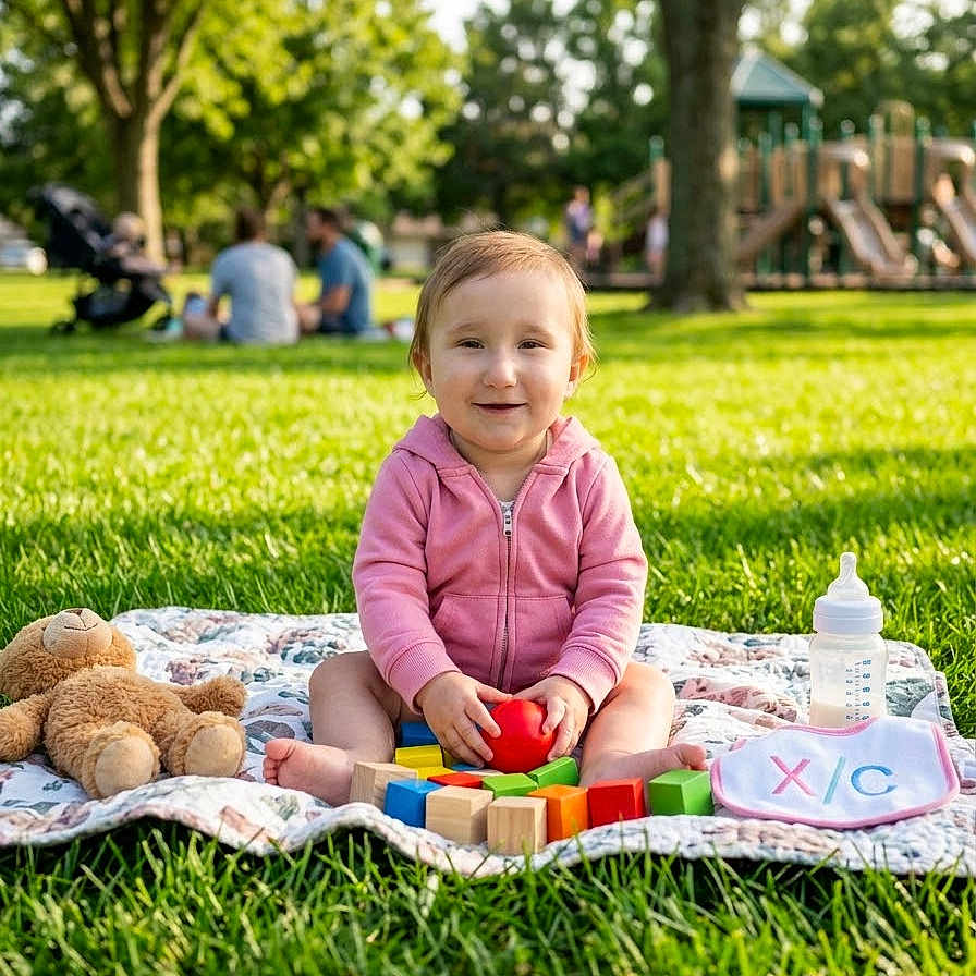 Lexy is registered to the contest to win money with this photo: toddler, child, baby, park, outdoor, picnic_blanket, grass, playground, teddy_bear, toy_blocks, red_toy, baby_bottle, pink_hoodie, sitting, smiling, portrait, sunlight, trees, family_outing, playtime