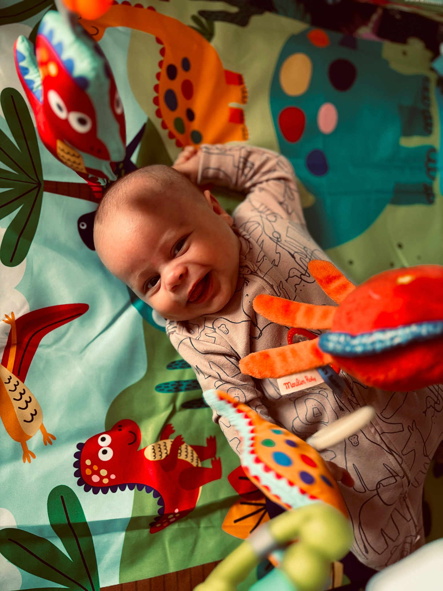 Atlas is registered to the contest to win money with this photo: baby, smiling, play_mat, dinosaur, plush_toys, colorful, infant, happy, child, cute, indoors, toy, playtime, fabric, pattern, crawling, clothing, head, face, cheerful