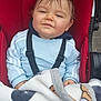 baby, child, stroller, blanket, red, blue_sweatshirt, smile, face, person, clothing, outdoor, happy, hoodie, baby_seat, cozy, infant, cute, bundle, casual, comfort