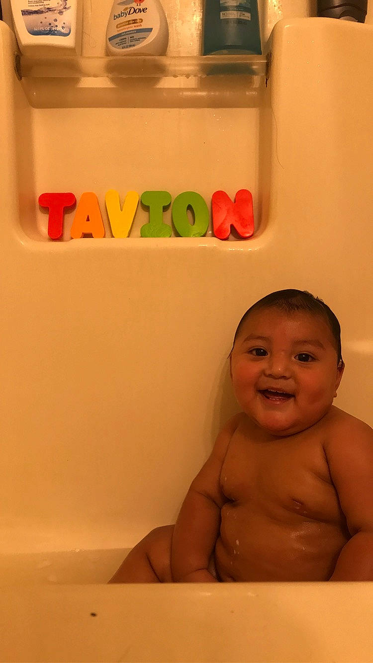 Tavion joined the competition — help win amazing prizes! arm, baby, baby_bathing, barechested, bathing, bathroom, bathtub, cheek, chest, child, flooring, fun, happy, joy, person, plumbing, plumbing_fixture, product, rectangle, room