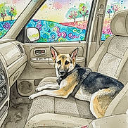 Anozira joined the competition — help win amazing prizes! dog, german_shepherd, car_interior, passenger_seat, watercolor, painting, art, colorful_background, trees, window, seat_belt, animal, pet, relaxed, leisure, vehicle, dashboard, door, side_mirror, whimsical