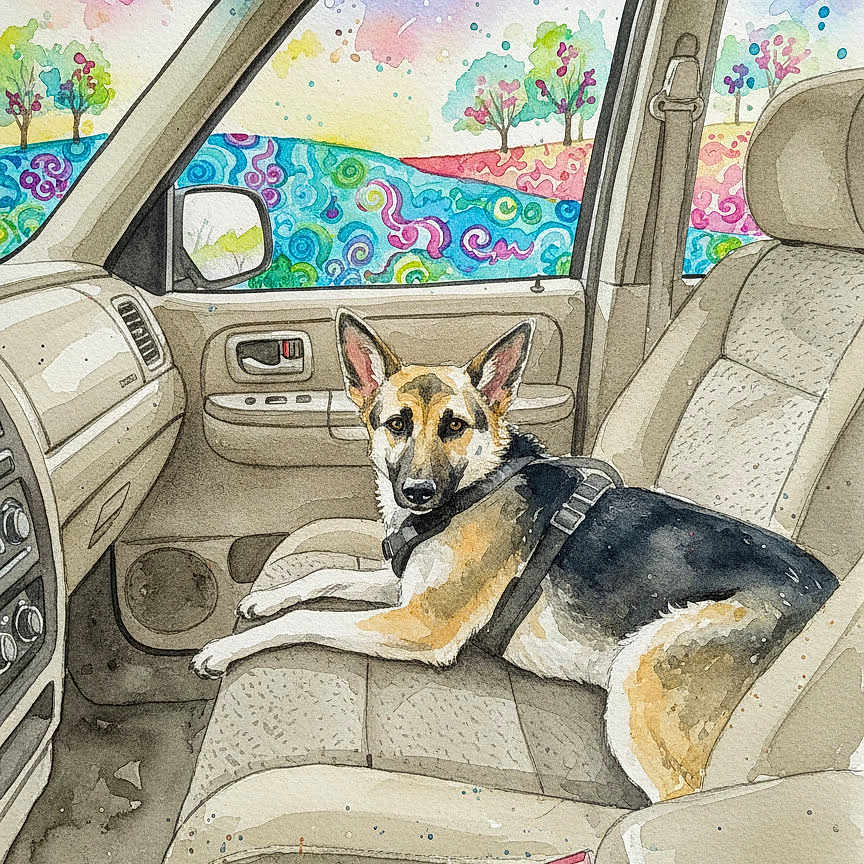 Anozira joined the competition — help win amazing prizes! dog, german_shepherd, car_interior, passenger_seat, watercolor, painting, art, colorful_background, trees, window, seat_belt, animal, pet, relaxed, leisure, vehicle, dashboard, door, side_mirror, whimsical