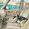 Anozira joined the competition — help win amazing prizes! dog, german_shepherd, car_interior, passenger_seat, watercolor, painting, colorful_background, window, seatbelt, animal, pet, art, landscape, trees, nature, door, dashboard, leather_seat, relaxed, indoor