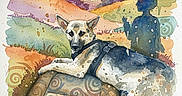 Anozira joined the competition — help win amazing prizes! watercolor, painting, dog, cushion, pattern, landscape, trees, silhouette, person, abstract, colorful, artistic, animal, nature, outdoor, grass, orange, blue, purple, background