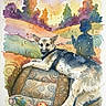 watercolor, painting, dog, cushion, pattern, landscape, trees, silhouette, person, abstract, colorful, artistic, animal, nature, outdoor, grass, orange, blue, purple, background