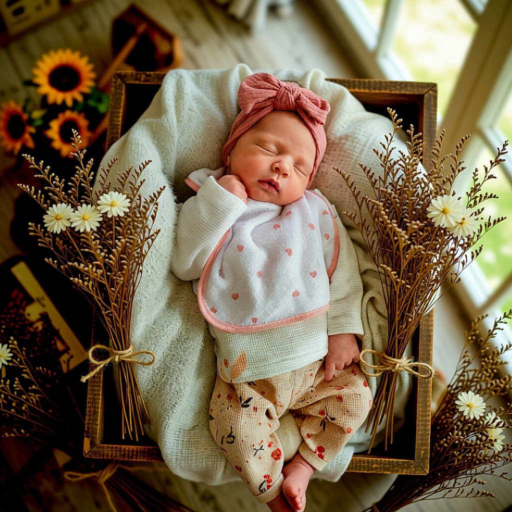 Lynn a rejoint le concours — aidez-le/la à gagner de superbes lots ! baby, blanket, cozy, cute, decor, dried_flowers, floral, headband, indoors, infant, newborn, peaceful, pink, portrait, resting, sleeping, soft, sunlight, window, wooden_crate