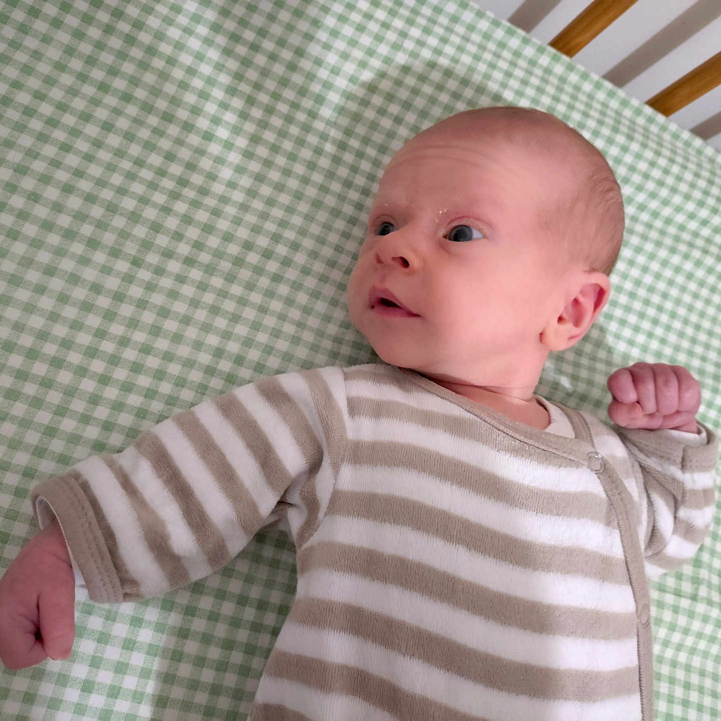 Adryan a rejoint le concours — aidez-le/la à gagner de superbes lots ! baby, child, crib, expression, face, fist, green_checkered_sheet, hand, head, indoor, infant, lying_down, newborn, onesie, person, portrait, skin, sleepwear, striped_clothing, wooden_crib_bars