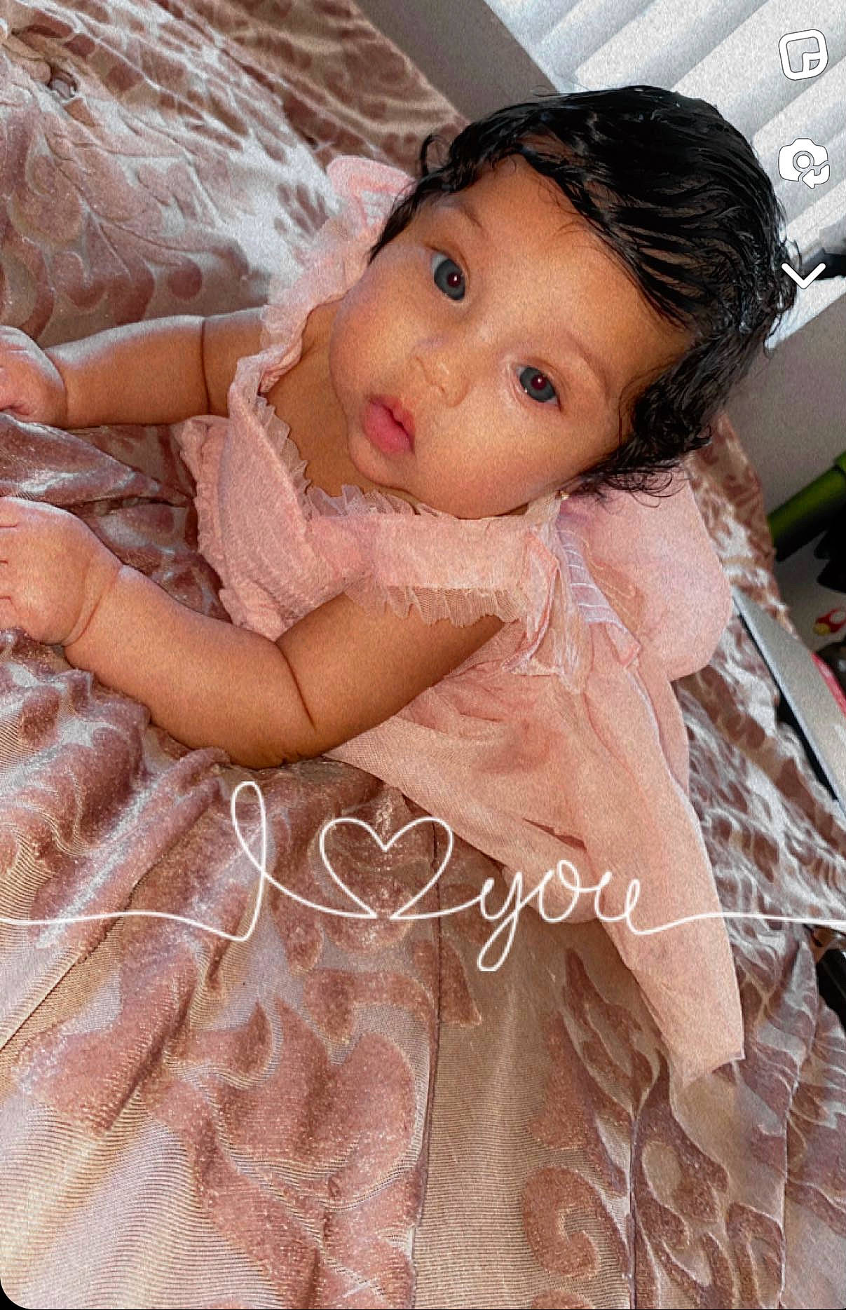 Layla is registered to the contest to win money with this photo: bridal_accessory, bridal_clothing, child, doll, dress, embellishment, eye, eyelash, fashion_design, gown, happy, headpiece, iris, linens, lip, long_hair, person, pink, skin, surprise
