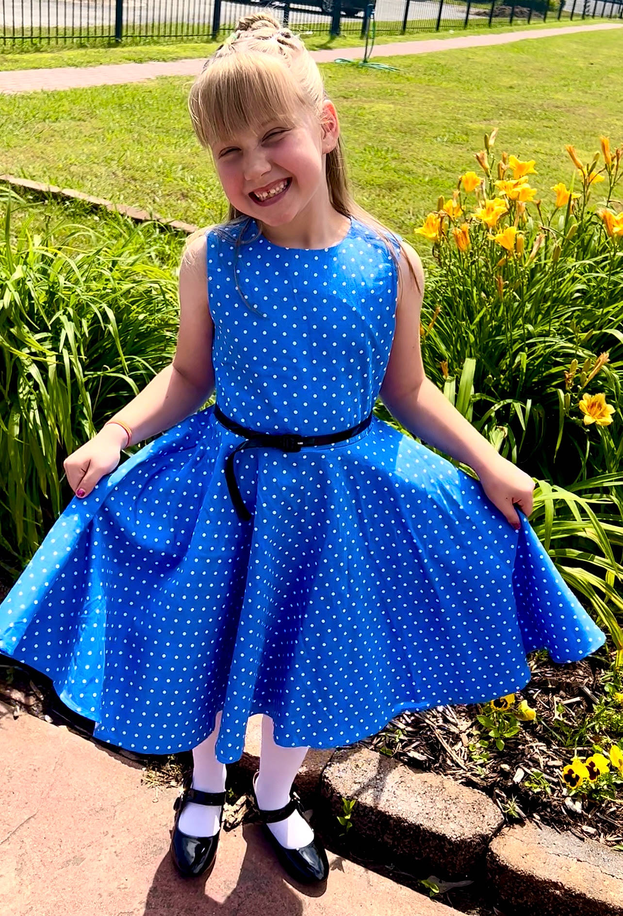 Kathryn joined the competition — help win amazing prizes! azure, blue, clothing, day_dress, dress, facial_expression, flower, fun, grass, green, hairstyle, happy, joy, one_piece_garment, people_in_nature, person, plant, shoulder, smile, textile
