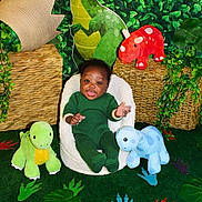 D'Maj is registered to the contest to win money with this photo: baby, child, green_clothing, plush_toys, dinosaur, stuffed_animals, indoor, decor, leaves, plants, chair, smiling, cute, toddler, playful, soft_toys, colorful, background, portrait, happy