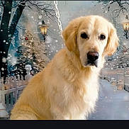 Balou a rejoint le concours — aidez-le/la à gagner de superbes lots ! animal, background, canine, cold_weather, cute, dog, fence, fluffy, golden_retriever, holiday, lamp_post, nature, outdoor, pet, portrait, seasonal, snow, snowfall, tree, winter