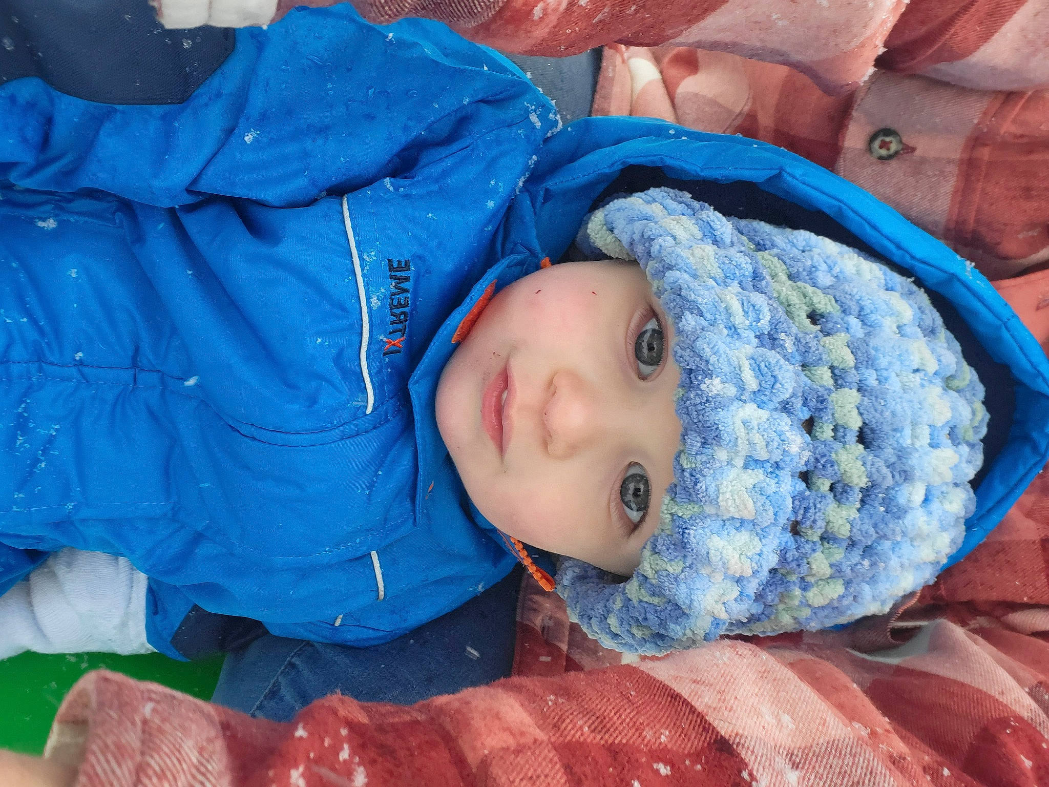 Michael joined the competition — help win amazing prizes! azure, blue, child, comfort, electric_blue, eye, flesh, fur, headwear, linens, mouth, nap, nose, pattern, person, red, sleep, sleeve, textile, toddler