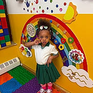 Royale is registered to the contest to win money with this photo: afro_hairstyle, bow, child, colorful, educational_toy, foam_floor, girl, green_skirt, indoor, interactive_wall, peace_sign, playroom, portrait, rainbow_wall, school_uniform, sneakers, striped_socks, toddler, wall_art, white_shirt