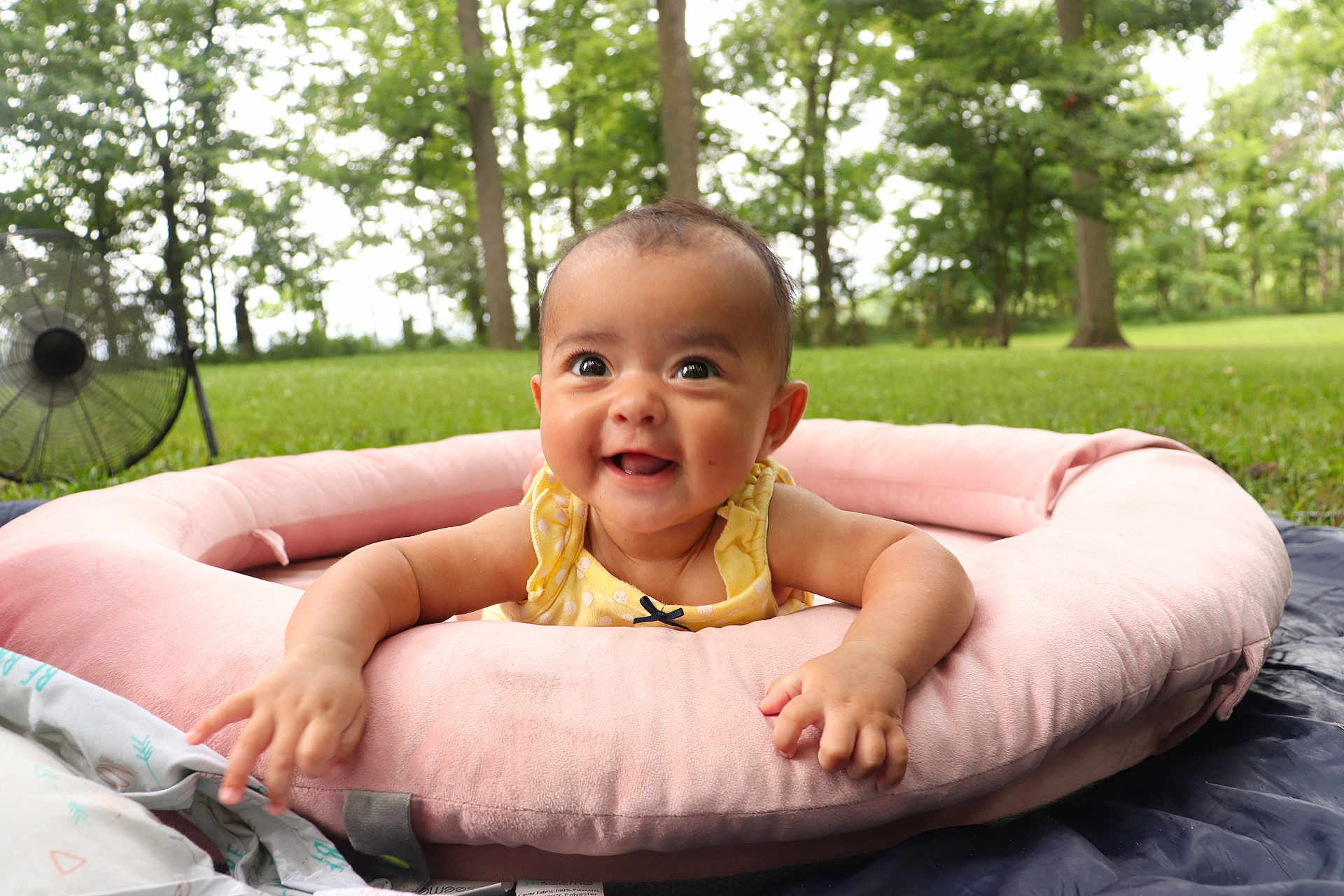 Cattaleya is registered to the contest to win money with this photo: baby, smiling, outdoor, greenery, trees, pink_cushion, soft_fabric, grass, fan, happy, child, infant, cute, playtime, nature, summer, yellow_clothing, portrait, toddler, relaxing