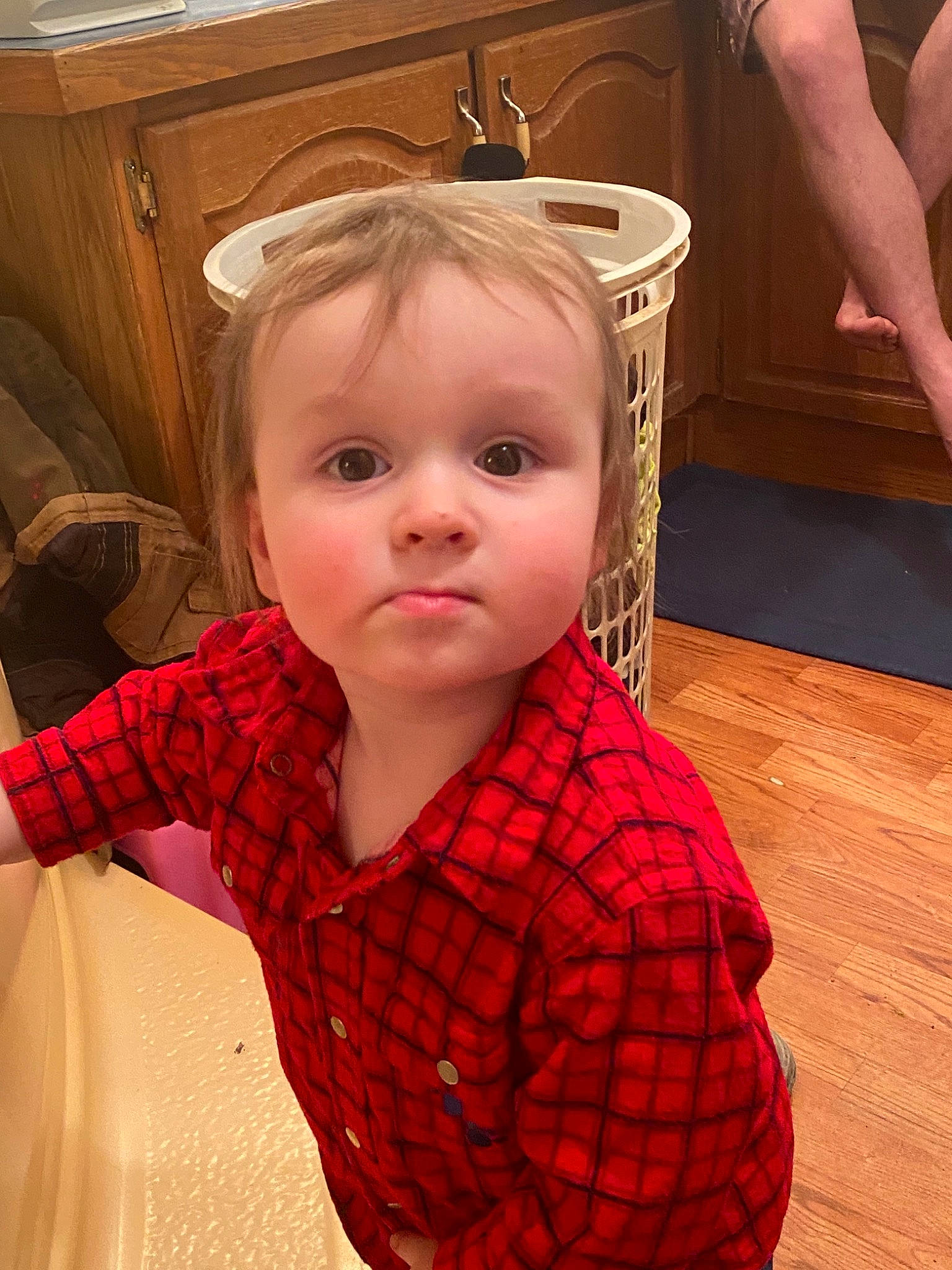 Spencer is registered to the contest to win money with this photo: baby_toddler_clothing, blond, cheek, eyelash, finger, flooring, hairstyle, hand, happy, human_leg, iris, joint, pattern, person, plaid, sitting, skin, tartan, thumb, toddler