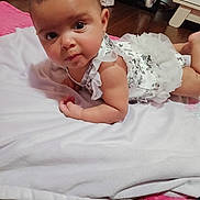 Kodiana is registered to the contest to win money with this photo: baby, infant, child, portrait, tummy_time, lying_down, white_dress, frills, blanket, bed, pink_blanket, indoors, home, wood_floor, furniture, monitor, bottle, face, wide_eyed, photography