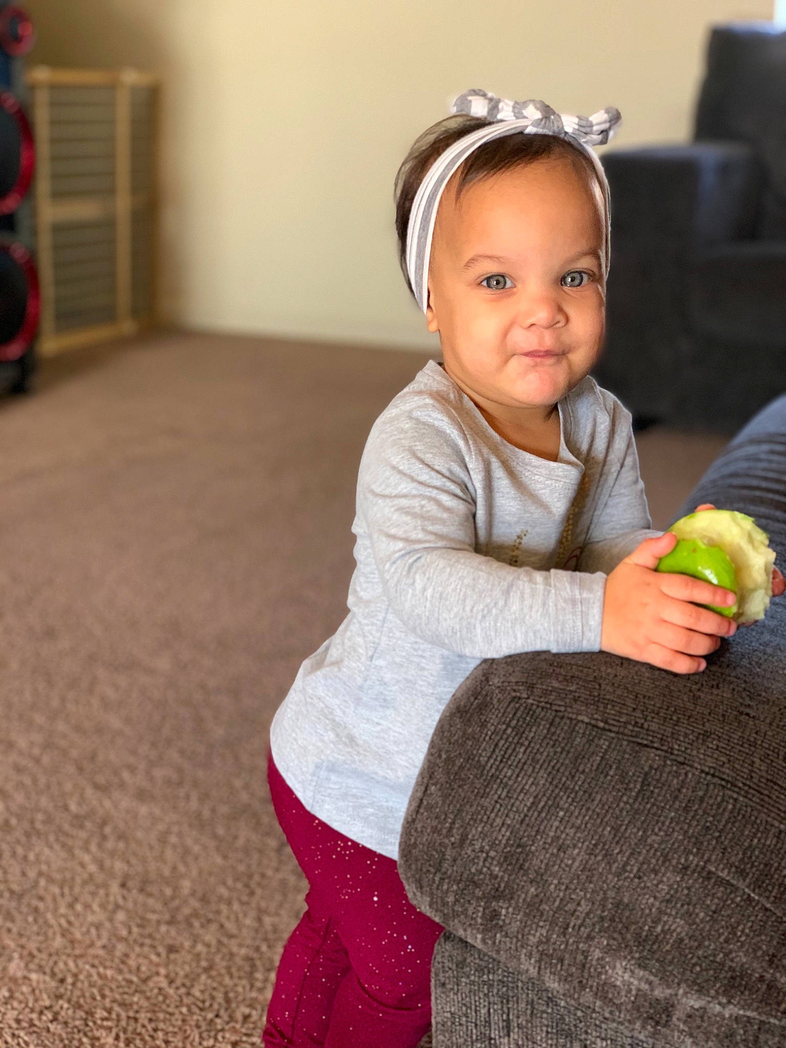 Alaia joined the competition — help win amazing prizes! baby, baby_toddler_clothing, cabinetry, carpet, child, eating, fashion_accessory, floor, flooring, fruit, hair_accessory, headband, headgear, headpiece, natural_foods, person, produce, sock, sweetness, toddler