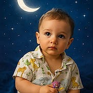 Enzo participe au concours pour gagner de l'argent avec cette photo : animal_print, baby, blue_background, child, crescent_moon, curly_hair, cute, holding, indoor, innocent, night_sky, playful, portrait, shirt, sitting, soft_lighting, stars, toddler, toy, young_child