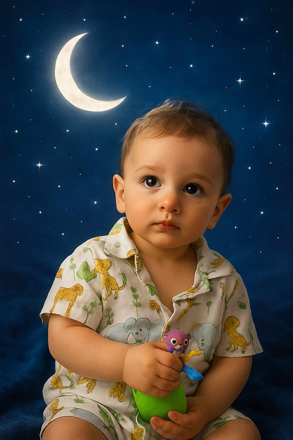 Enzo participe au concours pour gagner de l'argent avec cette photo : animal_print, baby, blue_background, child, crescent_moon, curly_hair, cute, holding, indoor, innocent, night_sky, playful, portrait, shirt, sitting, soft_lighting, stars, toddler, toy, young_child