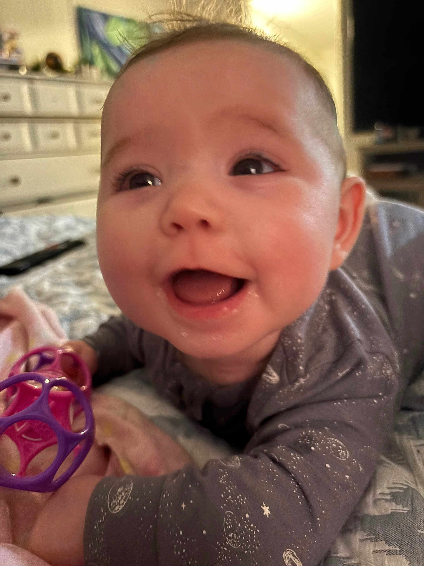 Valerica joined the competition — help win amazing prizes! baby, infant, smiling, toy, bed, pajamas, closeup, face, happy, child, indoors, furniture, blanket, play, cute, person, expression, home, room, sleepwear