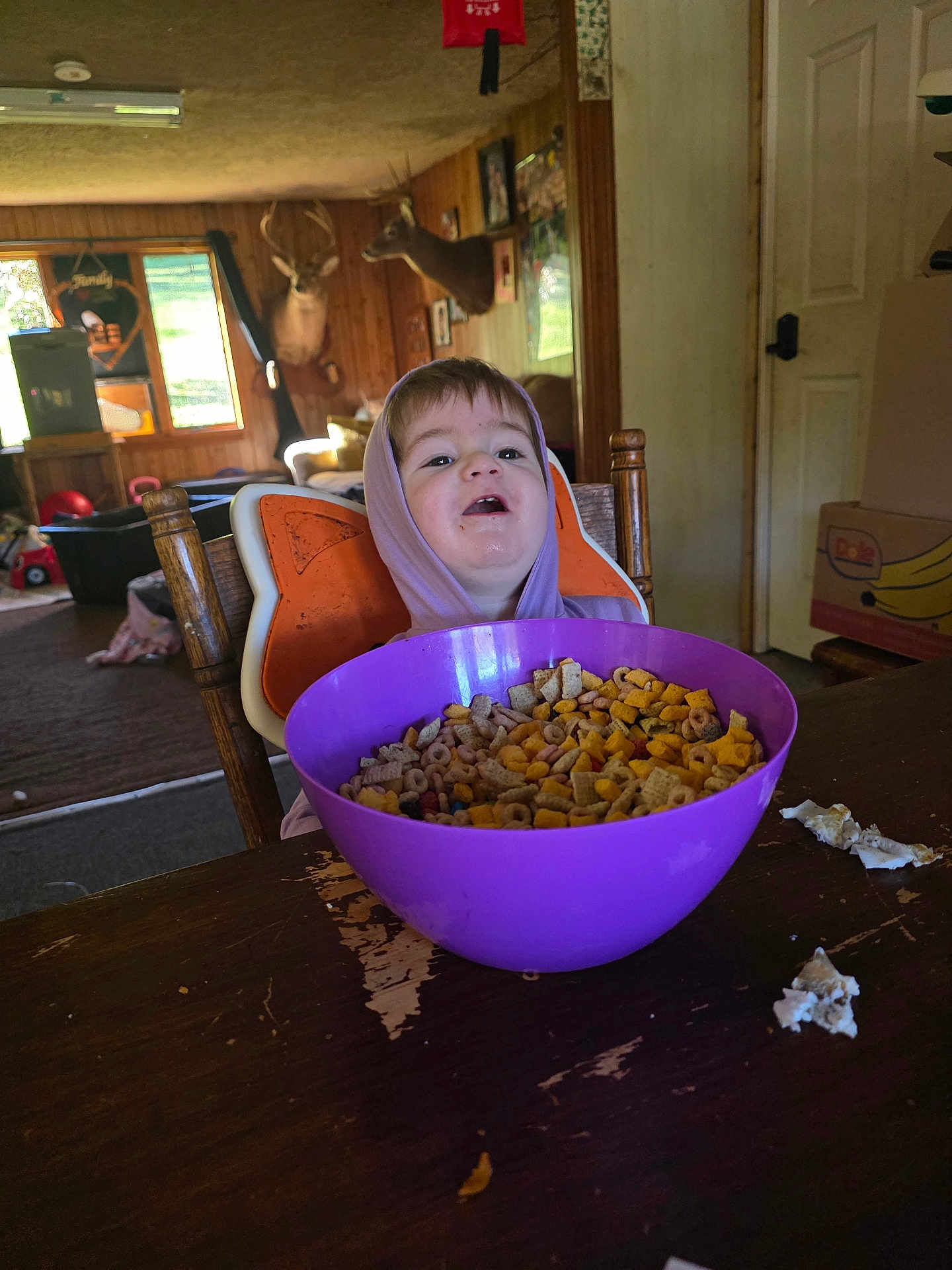 Samuel joined the competition — help win amazing prizes! child, hoodie, cereal, purple_bowl, table, wooden_chair, indoor, cabin, deer_mounts, window, box, door, carpet, toy, snack, face, person, food, breakfast, rustic