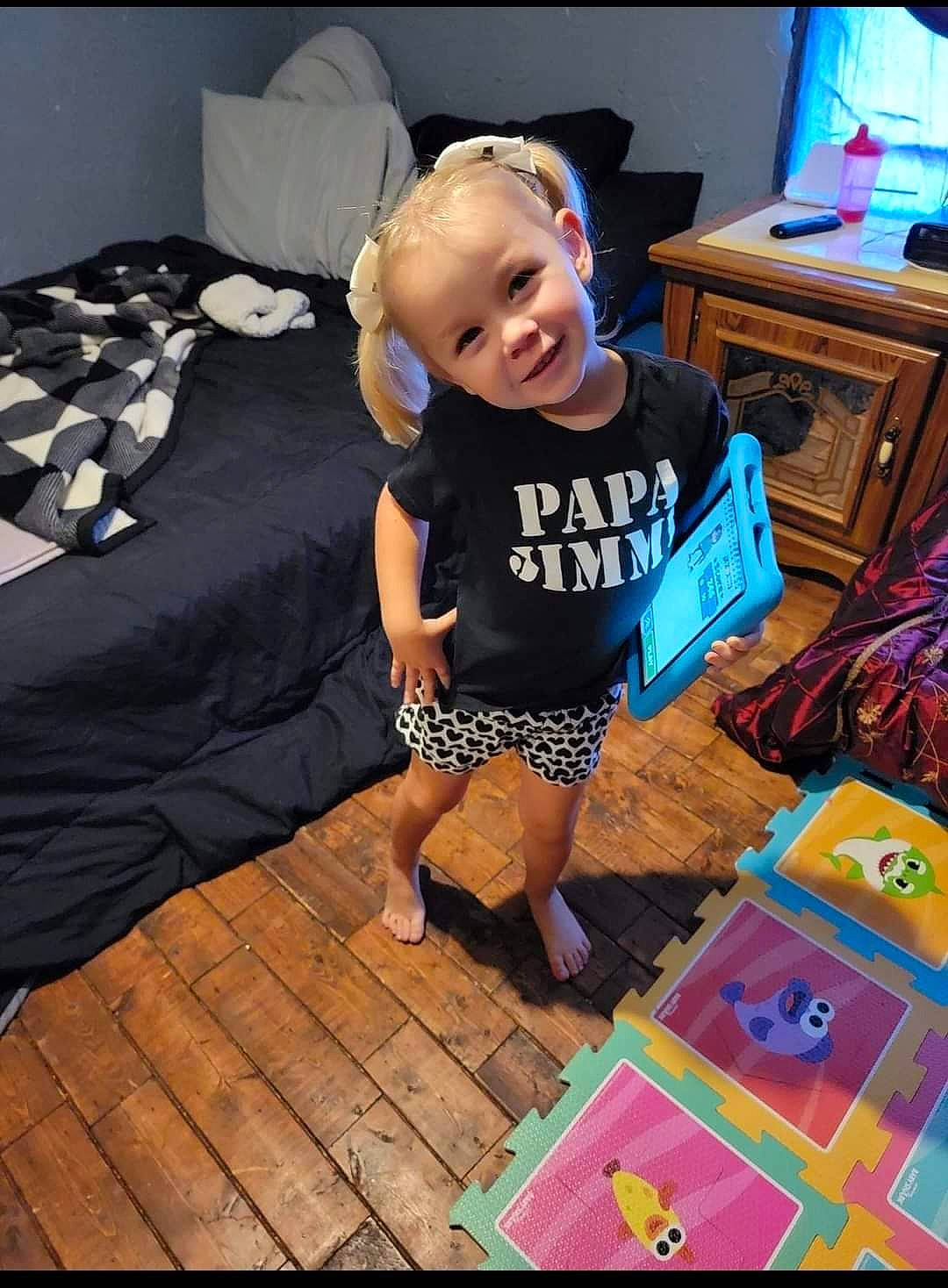 Ava Lynn joined the competition — help win amazing prizes! art, baby, child, comfort, computer_monitor, event, floor, flooring, fun, hardwood, joy, leisure, living_room, pattern, person, play, room, smile, t_shirt, television