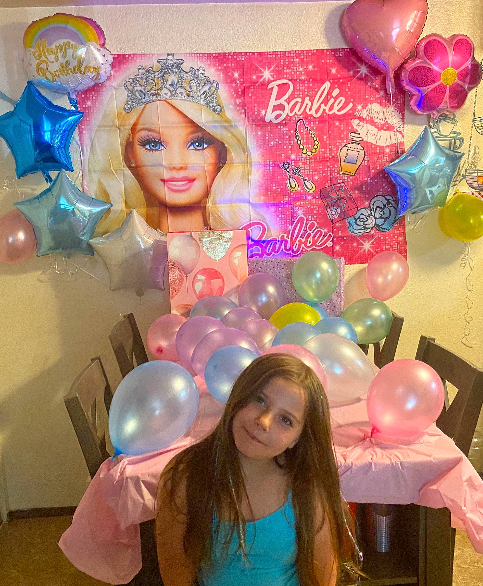 Peyton is registered to the contest to win money with this photo: art, balloon, barbie, beauty, blue, doll, event, eyelash, facial_expression, fashion_design, fun, hair_coloring, happy, magenta, party, party_supply, person, pink, space, toy