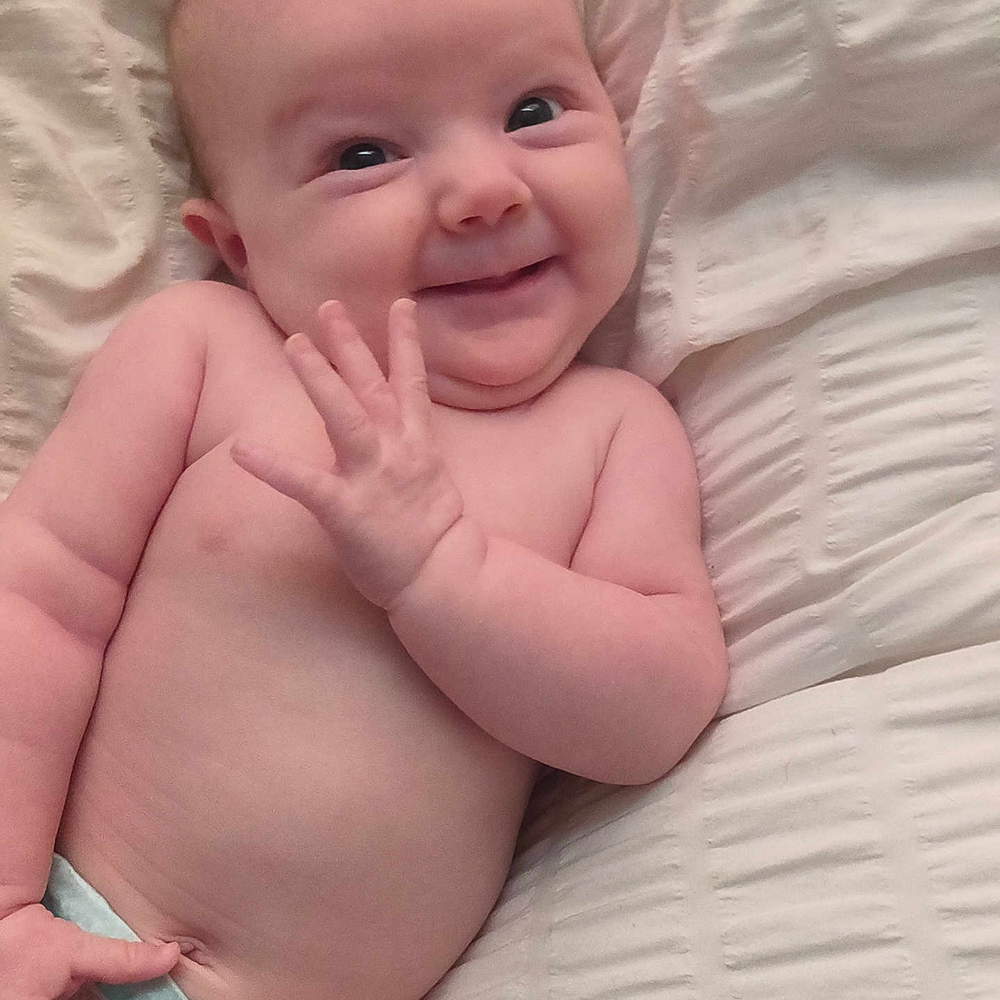 Evera joined the competition — help win amazing prizes! baby, blanket, cheeks, child, cute, cute_face, diaper, expression, face, hand, happy, infant, lying_down, newborn, pale_skin, playful, skin, small_hands, smile, young