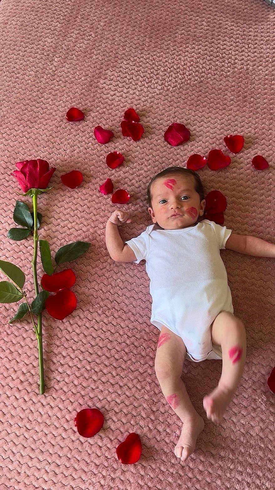 Seyyed participe au concours pour gagner de l'argent avec cette photo : baby, infant, newborn, person, face, eyes, onesie, white_clothing, rose, rose_petals, petals, pink_blanket, blanket, kiss_mark, lipstick, lying_down, arm, legs, romantic, soft_texture