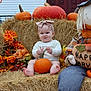 baby, bow, pumpkin, hay, flowers, scarecrow, fall, autumn, orange, smile, child, headband, decoration, seasonal, harvest, cute, outdoor, festival, plaid, sitting