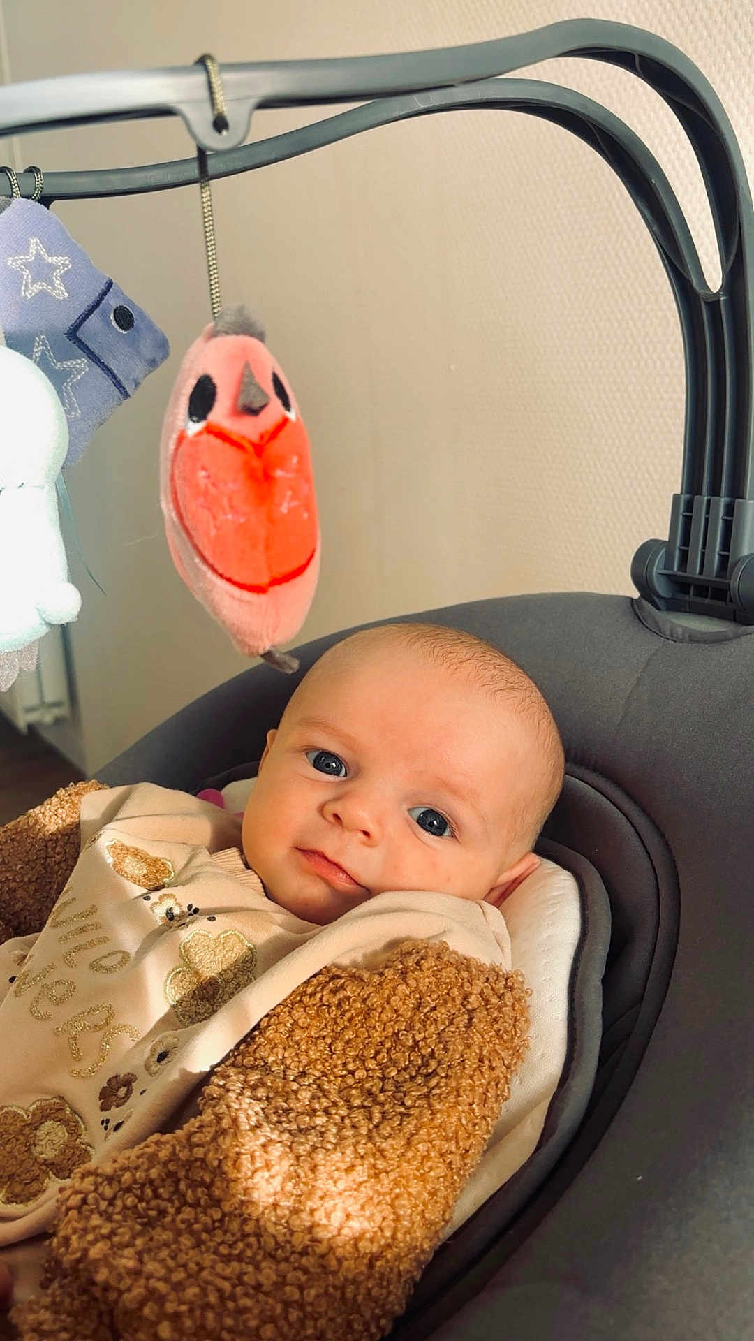 Adélya participe au concours pour gagner de l'argent avec cette photo : baby, infant, plush_toy, orange, bird, cushion, seat, clothing, brown_jacket, indoor, face, looking, curious, soft_light, toy_hanger, child, portrait, cute, warm, comfort