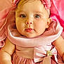 baby, child, pink_dress, bow, headband, flower, portrait, cute, infant, closeup, soft_lighting, indoor, skin, face, eyes, adorable, baby_girl, clothing, cute_expression, fabric