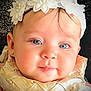 adorable, baby, background, blue_eyes, child, closeup, cute, earring, eyelashes, face, fashion, flowers, golden_outfit, headband, infant, lace, pearl, portrait, skin, texture