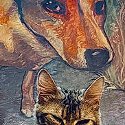 Tuna joined the competition — help win amazing prizes! cat, tabby_cat, painting, dog_painting, animal, portrait, close_up, feline, artwork, background, indoor, whiskers, ears, expression, texture, wall_art, pet, muzzle, squinting, face