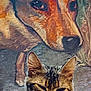 cat, tabby_cat, painting, dog_painting, animal, portrait, close_up, feline, artwork, background, indoor, whiskers, ears, expression, texture, wall_art, pet, muzzle, squinting, face